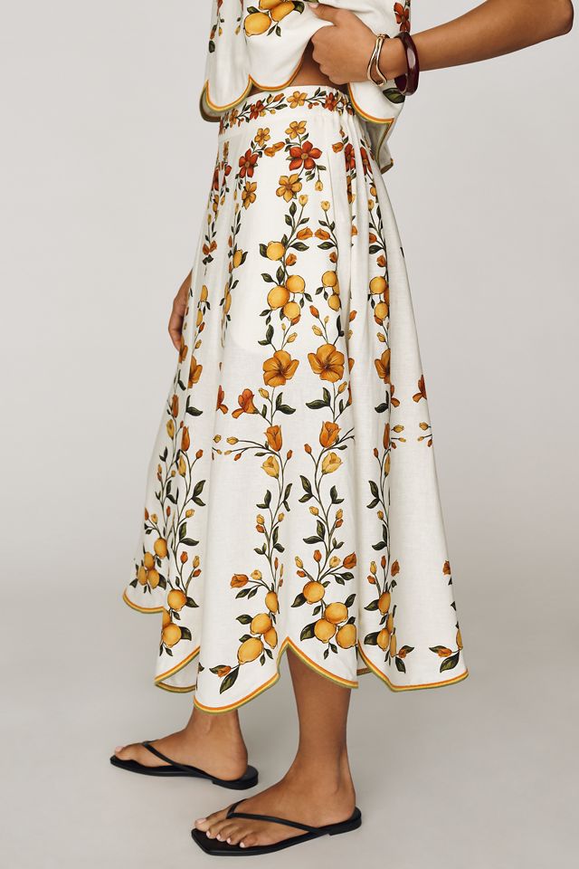 Farm Rio Lemon Bouquet Linen Blend Midi Skirt #1