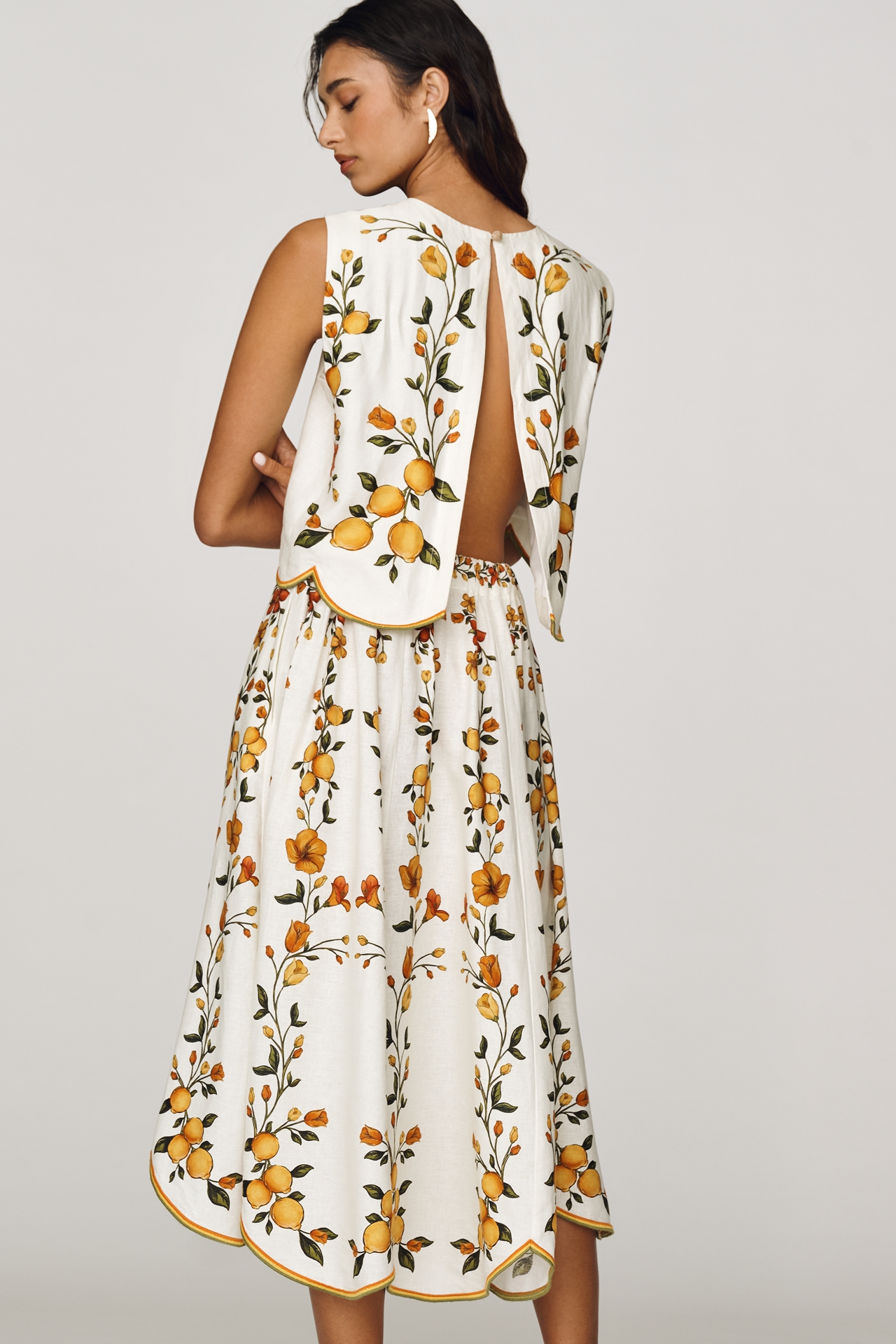 Farm Rio Lemon Bouquet Linen Blend Midi Skirt