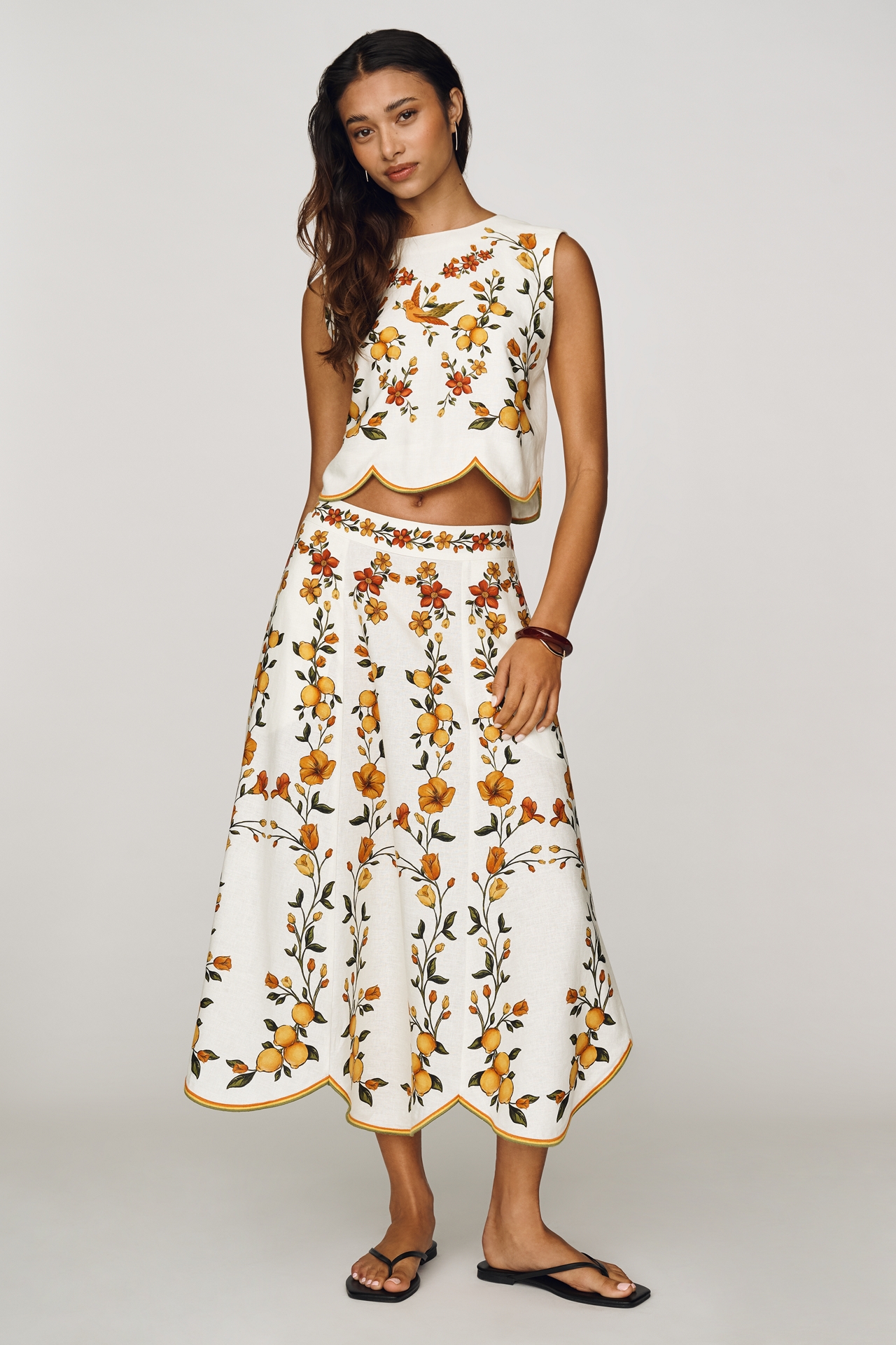 Farm Rio Lemon Bouquet Linen Blend Midi Skirt