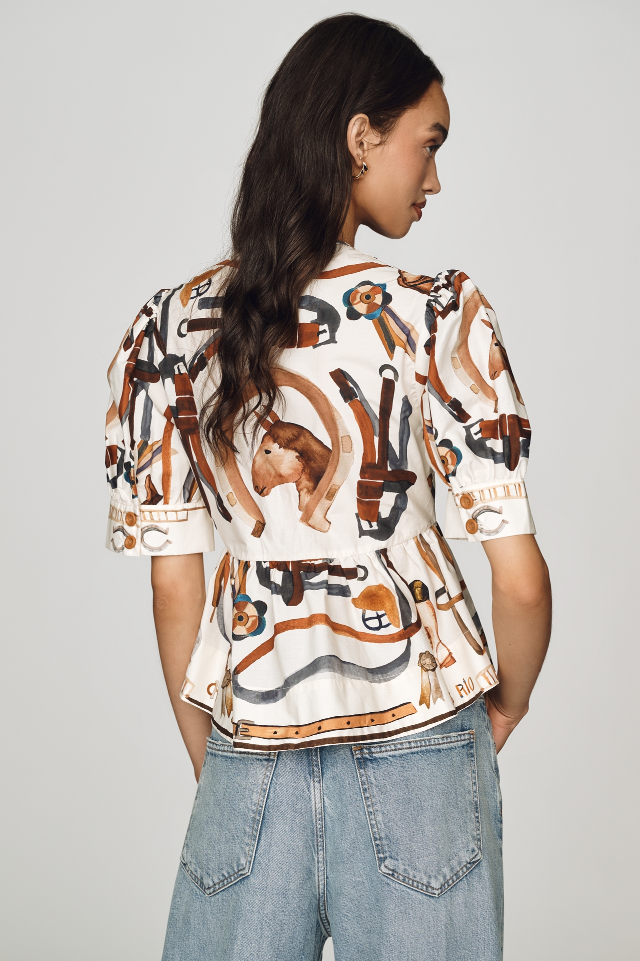 Farm Rio 100% Cotton Equestrian Scarf Blouse