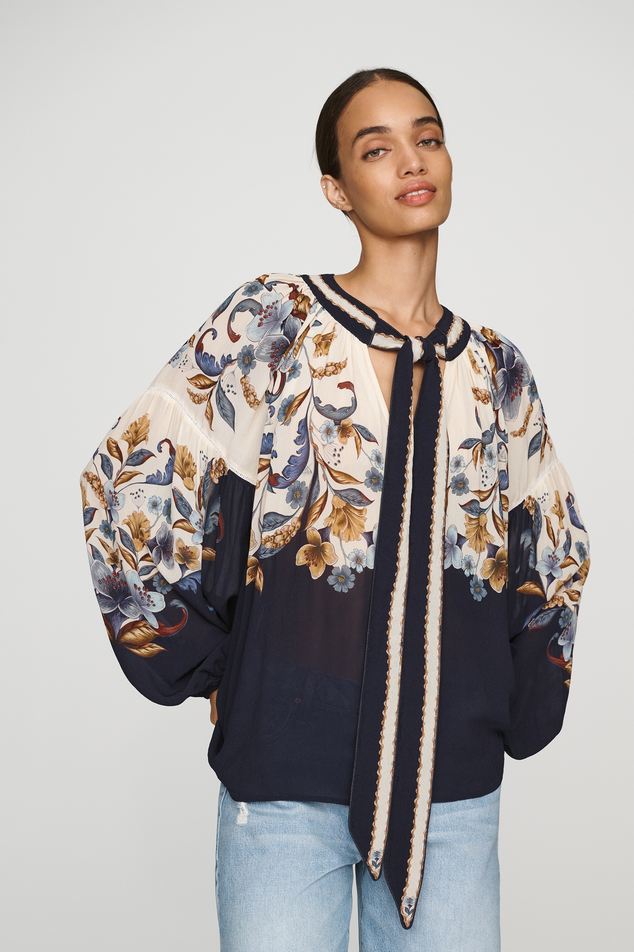 Farm Rio Golden Nature Tie-Neck Blouse