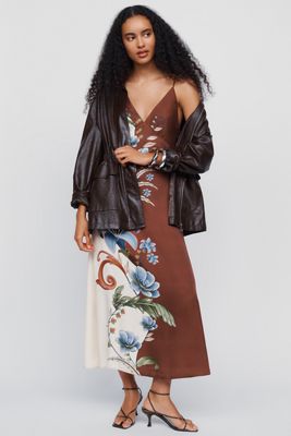 Farm Rio Millena Two-Tone Floral Slip Midi Dress