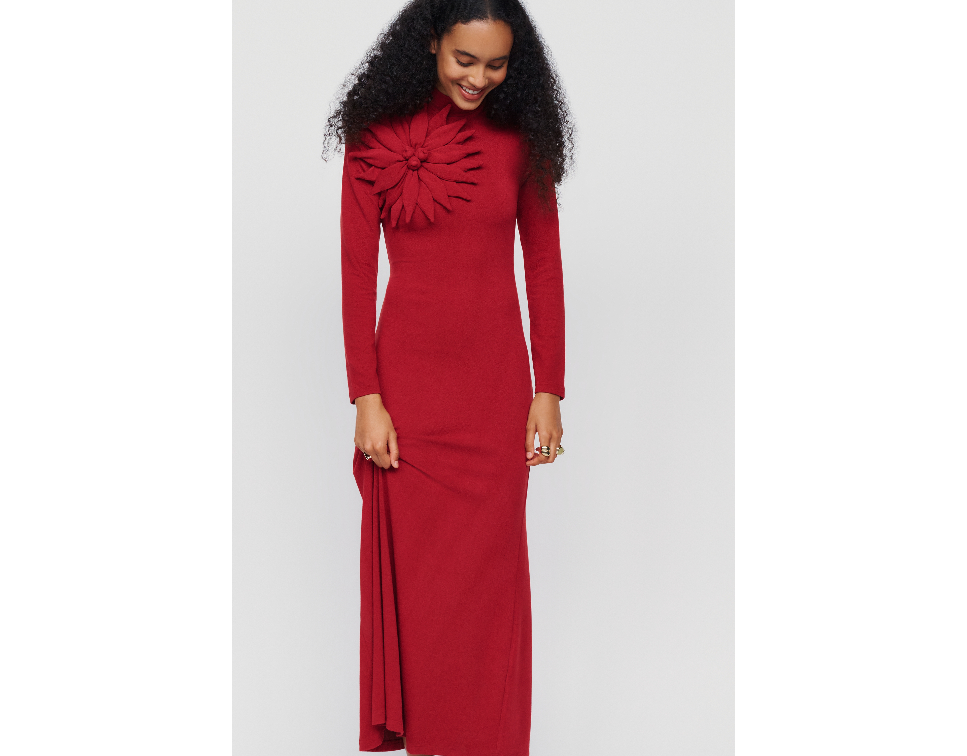 Farm Rio Floral Appliqué Mock Neck Maxi Dress