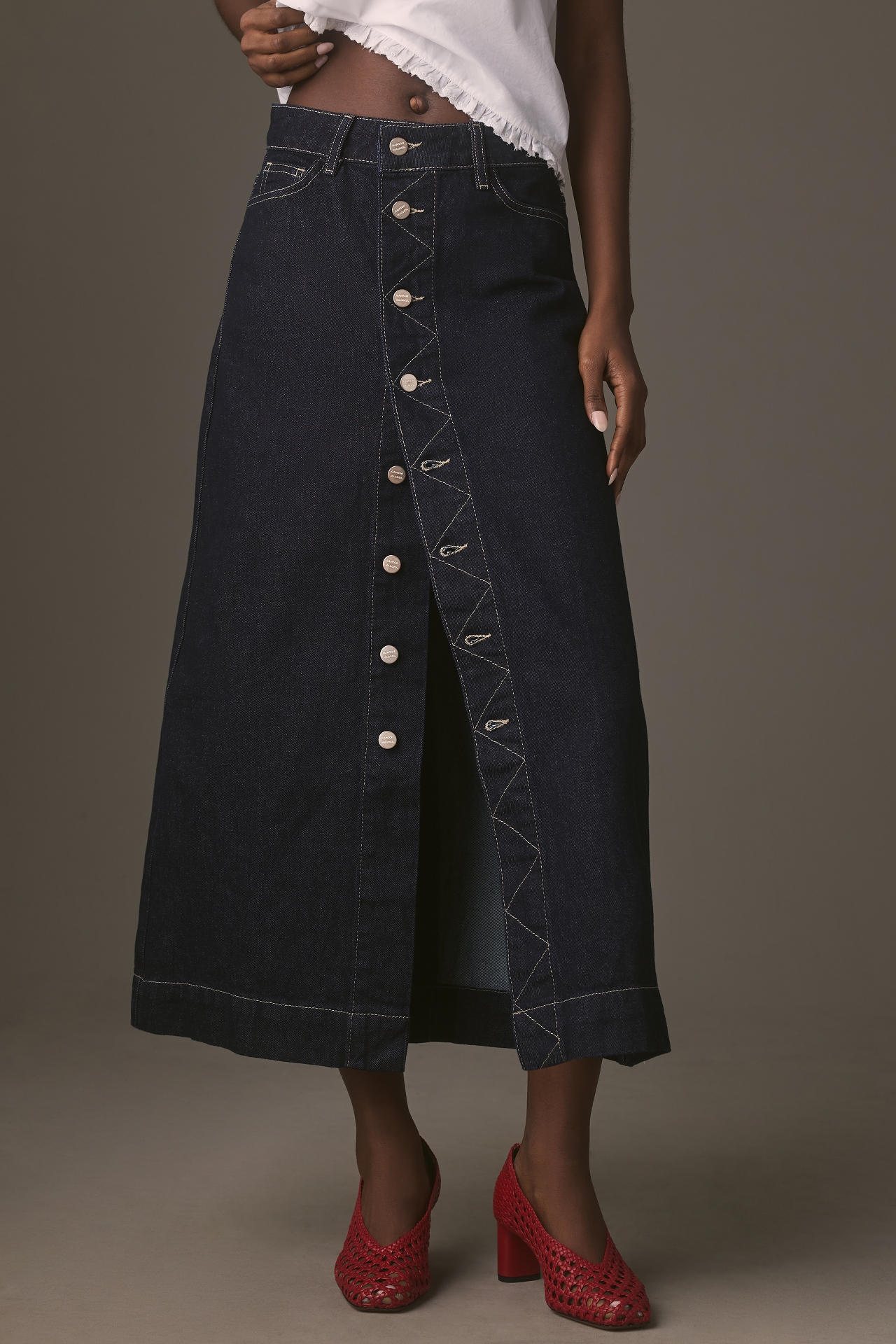 Damson Madder Charley Button-Front Denim Midi Skirt