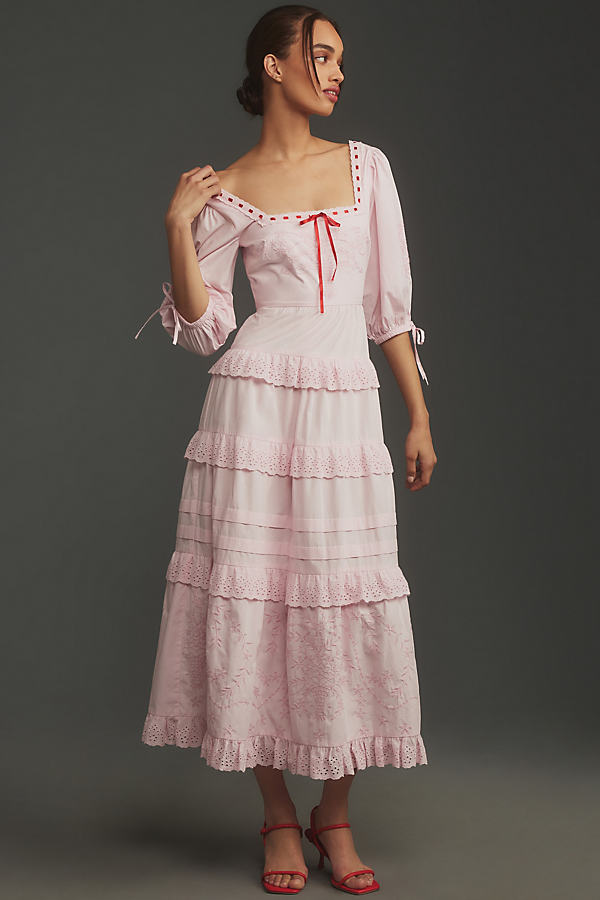 Shop Damson Madder Rebecca Bow-back Midi Dress In Pink