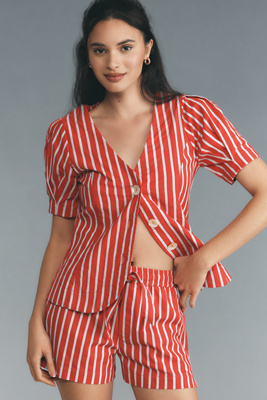 Damson Madder Shell Linen Blend Puff-sleeve Blouse In Red