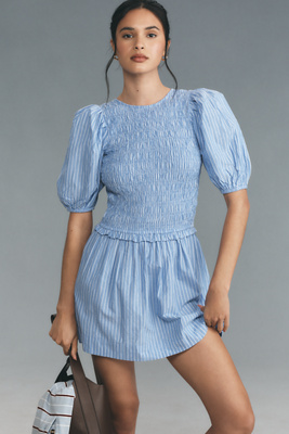 DAMSON MADDER BLUEBELLE PUFF-SLEEVE SHIRRED MINI DRESS 