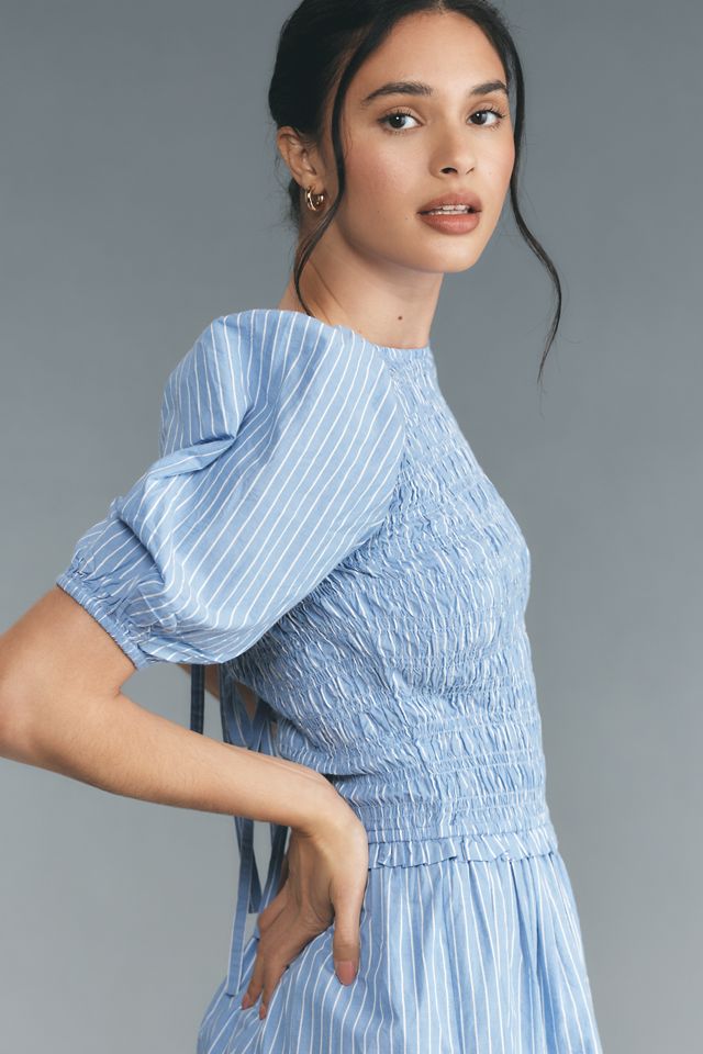 Damson Madder Bluebelle Puff-Sleeve Shirred Mini Dress