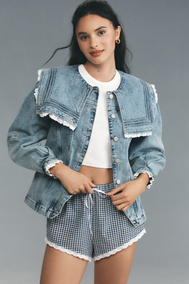 Shop Damson Madder Broderie Sailor Denim Jacket In Blue