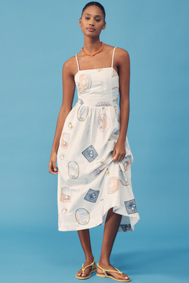 DAMSON MADDER PEACHES EMBROIDERED APRON MIDI DRESS 