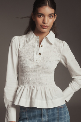 anthropologie Damson Madder Hazel Shirred Long-Sleeve Blouse White