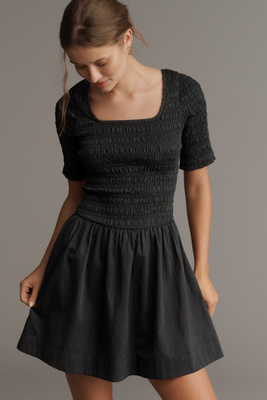 Damson Madder Straight-neck Smocked Mini Dress In Black