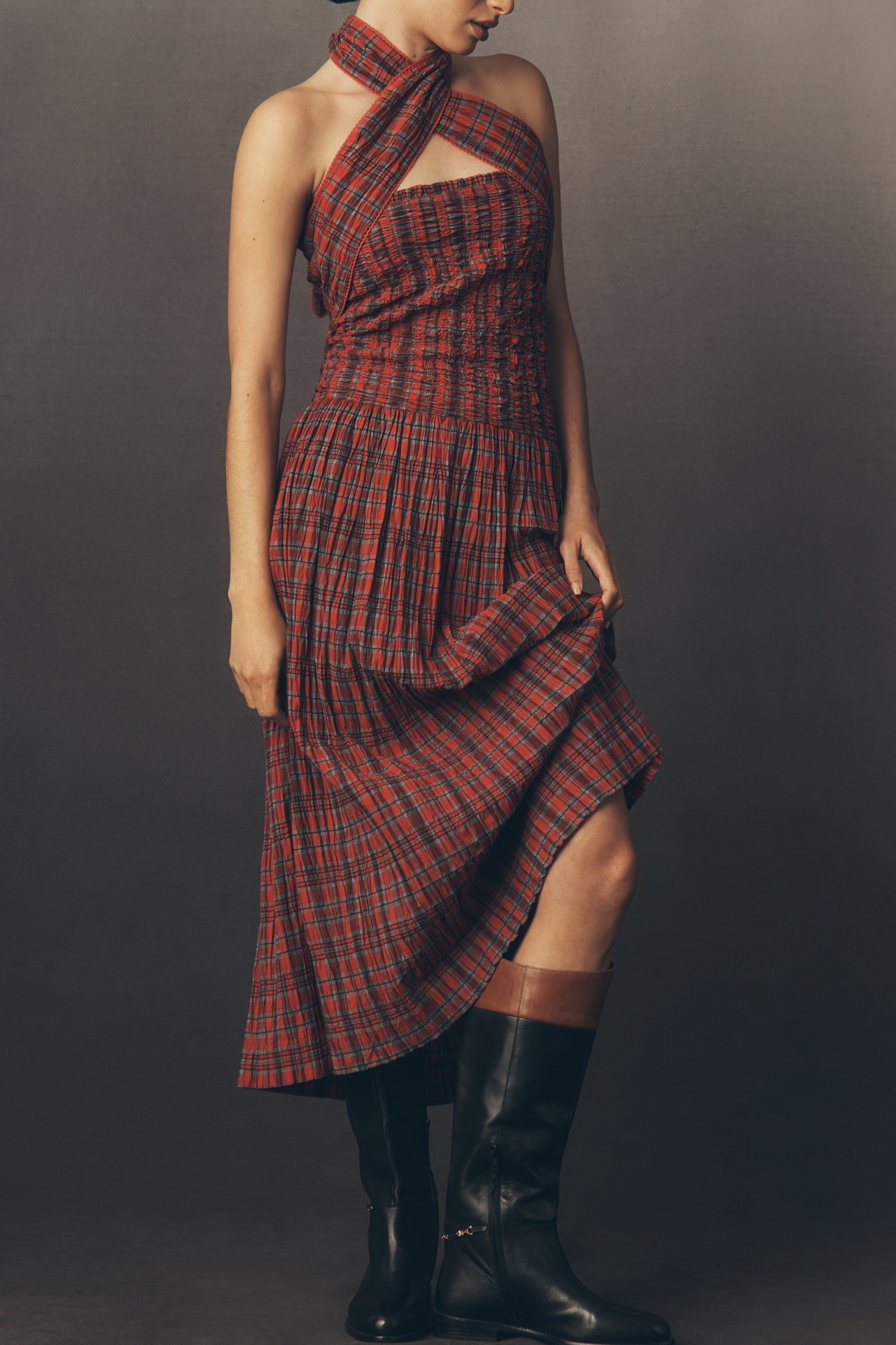 Damson Madder Mia Shirred Plaid Midi Dress
