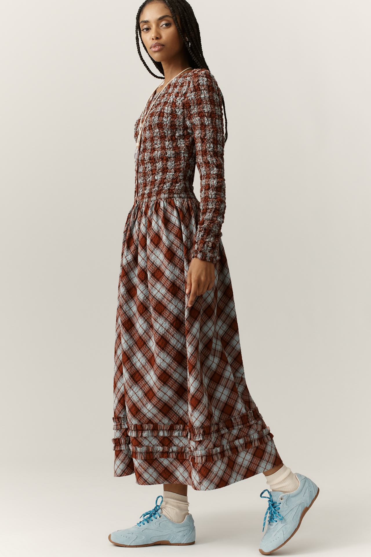 Damson Madder Posey Smocked Long-Sleeve Organic Cotton Midi Dress