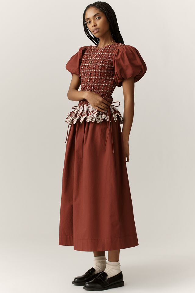 Damson Madder Audrey Puff-Sleeve Organic Cotton Midi Dress