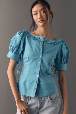 【新品】AMERI DOUBLE PUFF SLEEVE BLOUSE Solid Color Split V Neck Double Puff Long Sleeve Blouse for Women