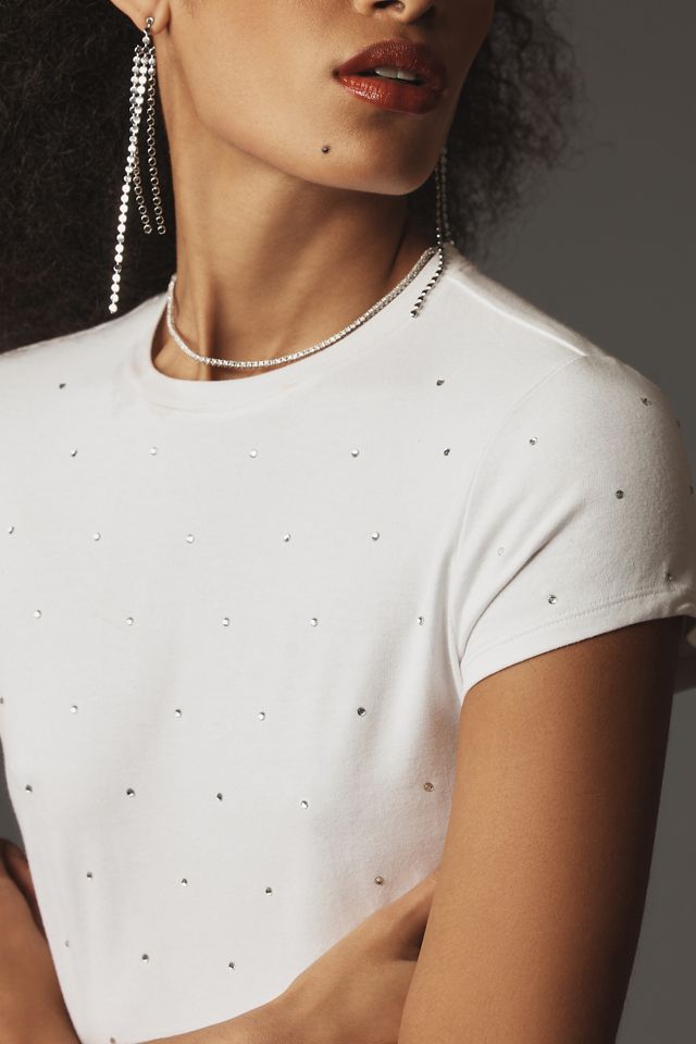 トップス RHINESTONE OG LABEL BABY TEE WHITE Good American Crystal Baby Tee | Anthropologie