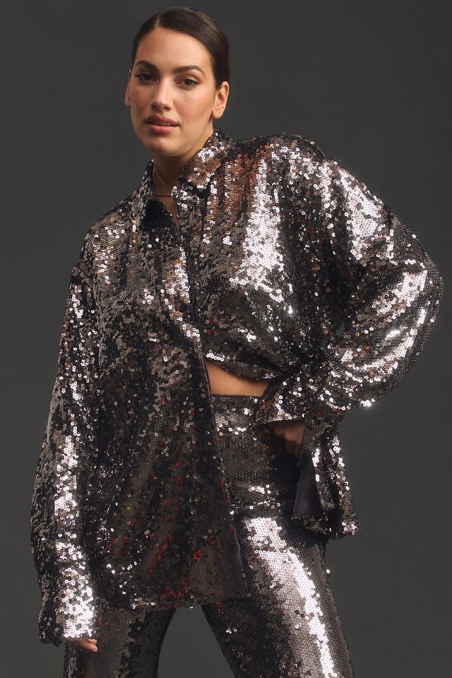 Good American Sequin Party Buttondown Shirt #6