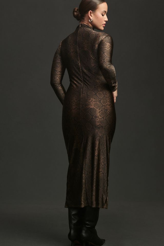Good American Long-Sleeve Funnel-Neck Satin Midi Dress #7