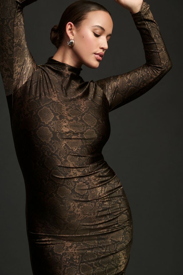 Good American Long-Sleeve Funnel-Neck Satin Midi Dress #4