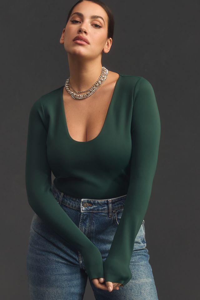 Good American Plus Size Scoop Neck Long Sleeve Knit Bodysuit