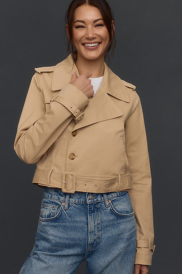 Shop Good American Cropped Trench Coat Jacket In Beige