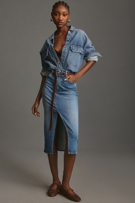 Shop Good American Front-slit Denim Midi Skirt In Blue