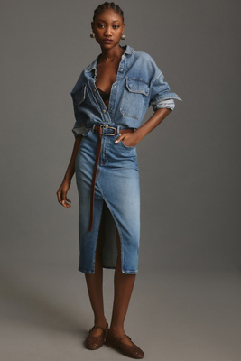 Good American Front-Slit Denim Midi Skirt | Anthropologie