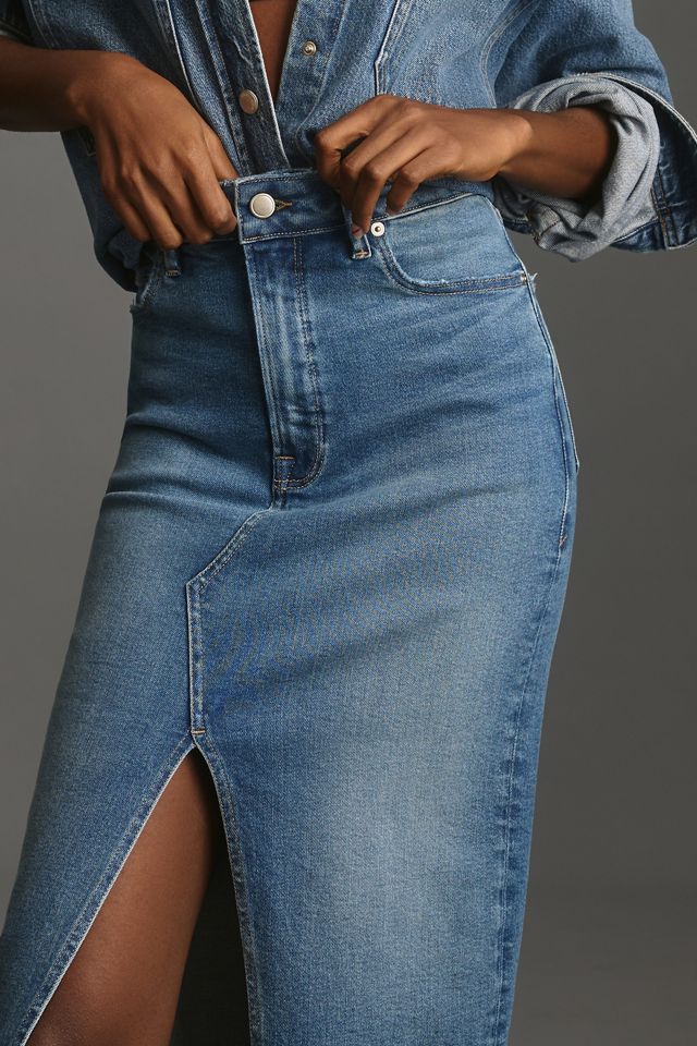 Good American Front-Slit Denim Midi Skirt | Anthropologie