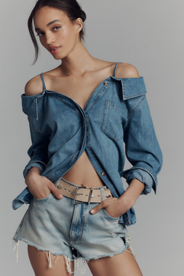 GOOD AMERICAN OFF-THE-SHOULDER DENIM BLOUSE 