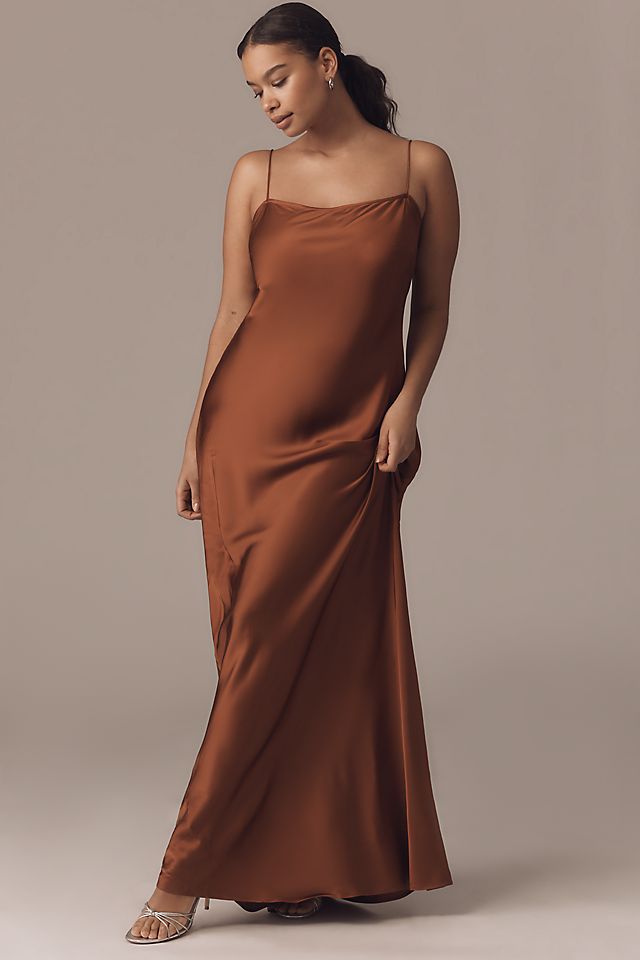 satin maxi slip dress Red Cowl Neck Long Evening Dress S an open back and a flowing maxi length fit. Red Ruffle Satin Maxi Slip