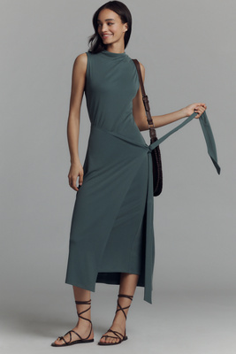 GOOD AMERICAN X ANTHROPOLOGIE SLEEVELESS MOCK-NECK RIBBED KNIT WRAP DRESS 