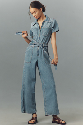 GOOD AMERICAN FIT FOR SUCCESS LITE LINEN DENIM CROPPED JUMPSUIT 