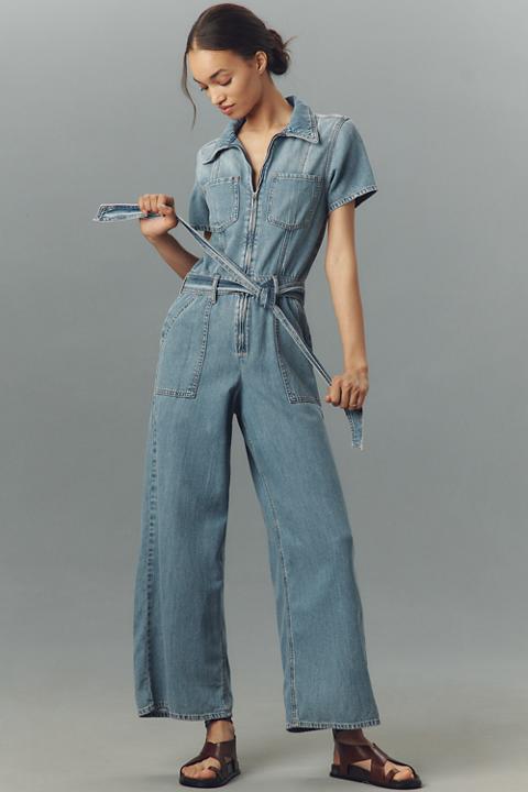 Good American Fit For Success Lite Linen Denim Crop Jumpsuit