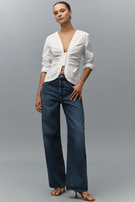 GOOD AMERICAN LONG-SLEEVE POPLIN RUCHED SHIRT TOP 