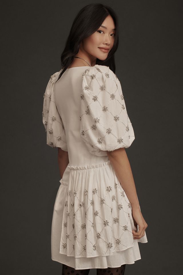 RHODE Elsa V-Neck Puff-Sleeve Crystal Wrap Mini Dress | Anthropologie