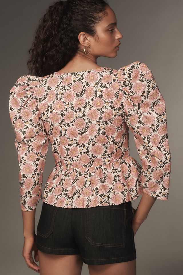 RHODE Alma Puffed-Sleeve Peplum Blouse #1