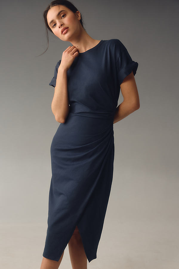 Shop Frame Faux-wrap Midi Dress In Blue