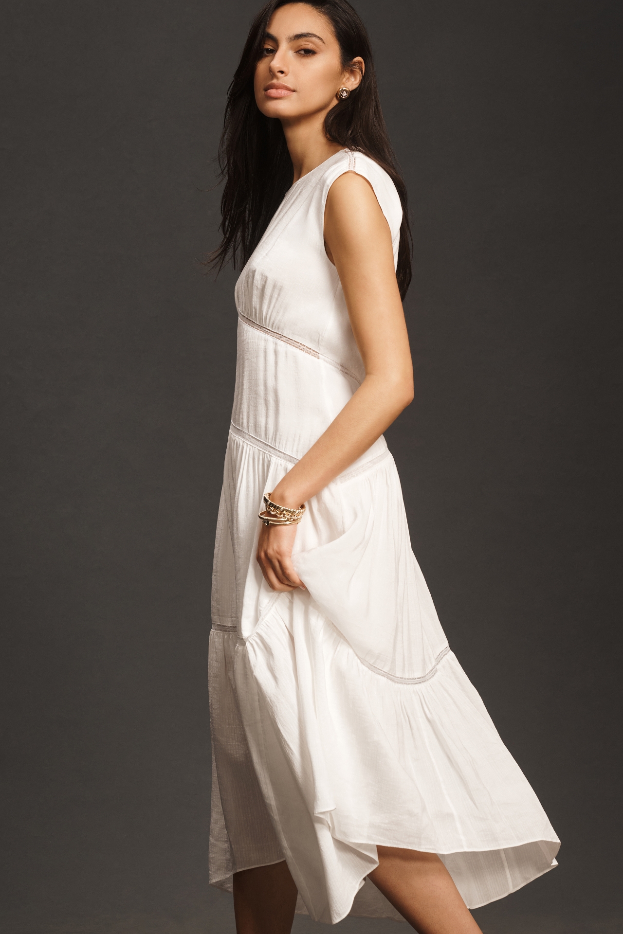 FRAME Gathered Seam Lace-Inset Linen Midi Dress