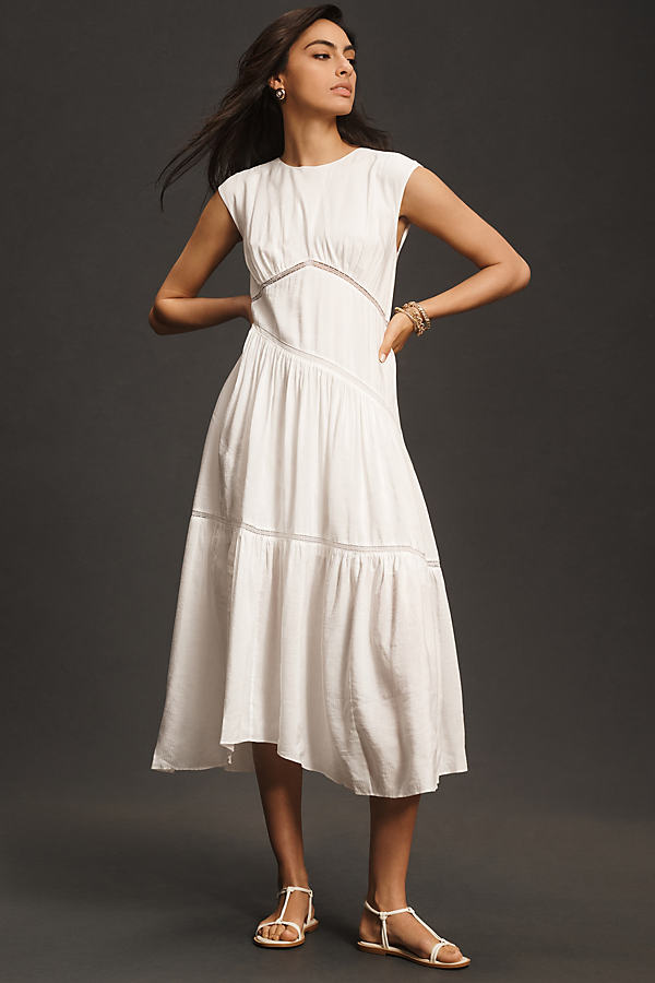 Shop Frame Gathered Seam Lace Inset Midi Dress In White