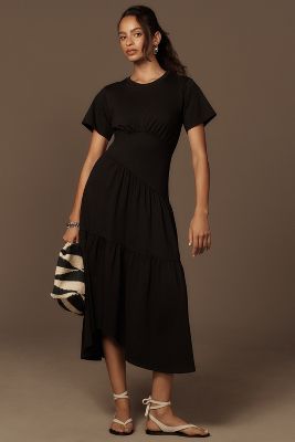 Shop Frame Short-sleeve Gathered Seam Midi Dress In Black