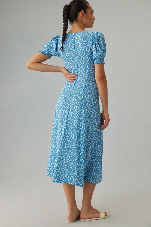 reformation lacey abstract print crepe midi dress Reformation Lacey Smocked Sleeve Dress In Baila