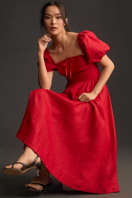 Reformation Marella Linen Puff Sleeve Midi Dress In Red