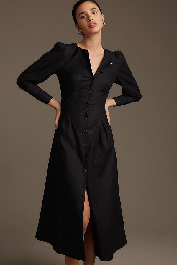 Shop Reformation Halia Long-sleeve Button-front Midi Dress In Black