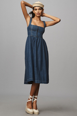 Shop Reformation Tagliatelle Denim Midi Dress In Blue