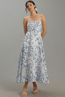 a line white summer dress Puff Sleeve Linen Midi Dress | Button-Up Summer Dress main image 1