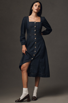 reformation long denim dress Reformation Manon Denim Midi Dress | Blue