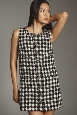 Reformation Tropez Check Tweed Shift Dress In Black