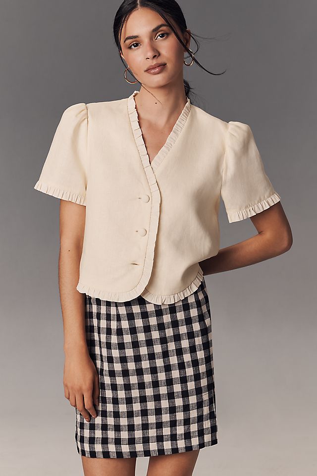 Raw Edge Linen Top in Black/White Check Raw Edge Linen Top in Black/White Check
