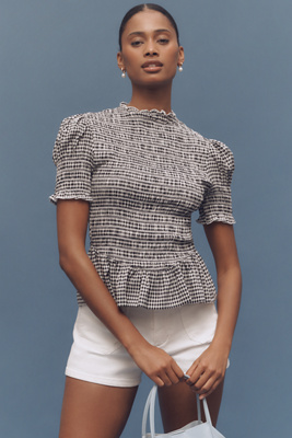 Reformation Aggie Puff-Sleeve Smocked Peplum Top product page